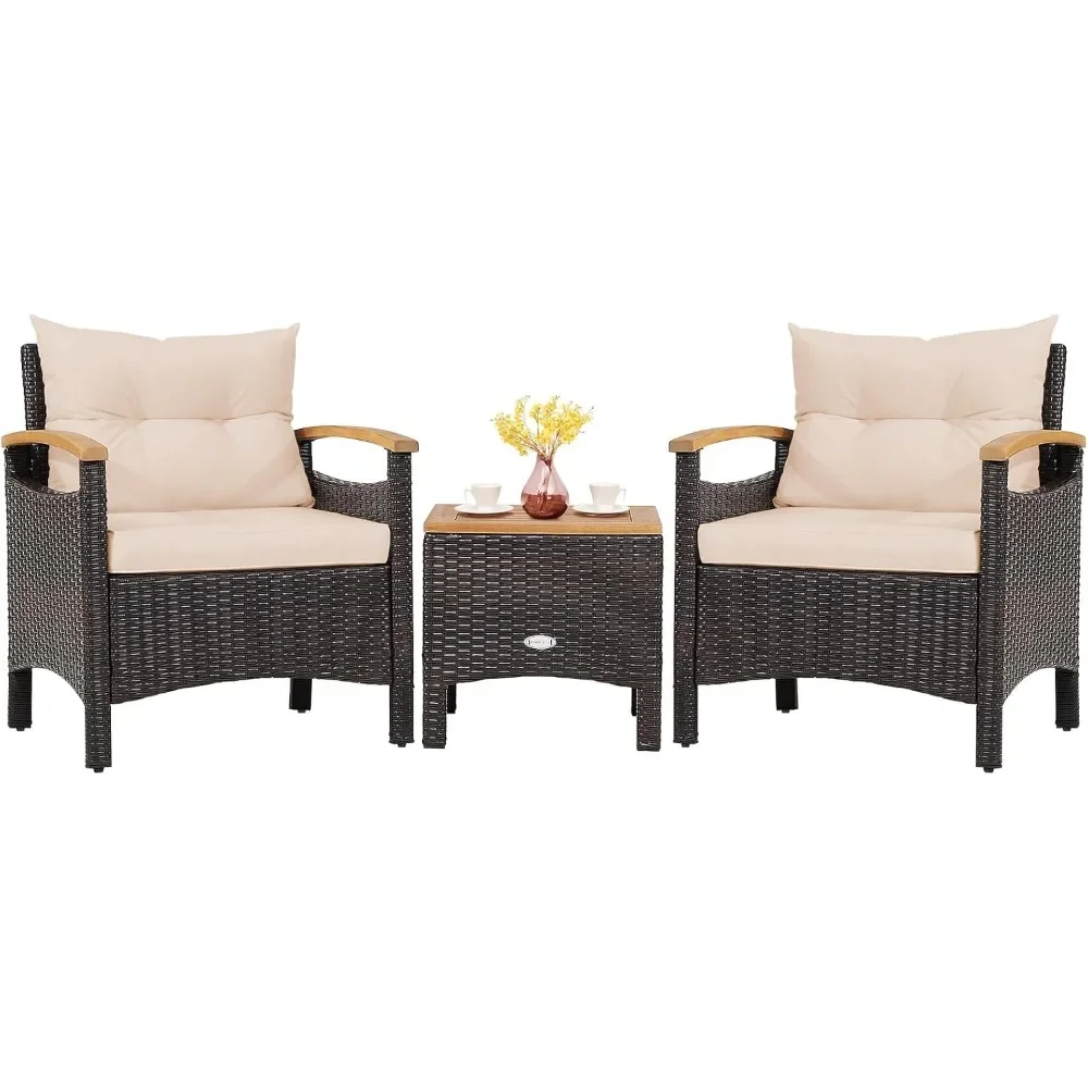 

3-Piece Patio Furniture Set, Patiojoy Outdoor Rattan Sofa Set with Coffee Table, Patio Conversation Set with Removable Cushion,