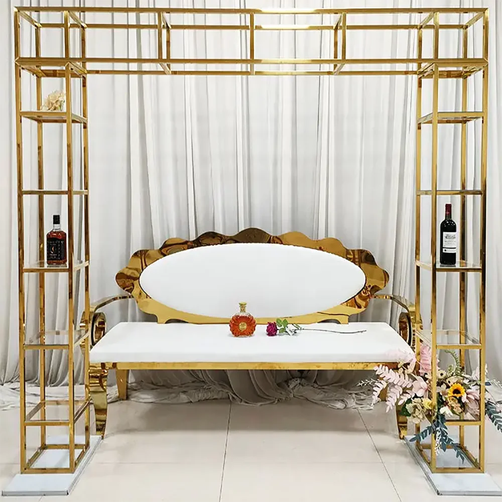 

Hot Selling Wedding Square Backdrop Gold Metal Stainless Steel Wedding Supplies Stage Decoration Backdrop Panels Wine Shelf