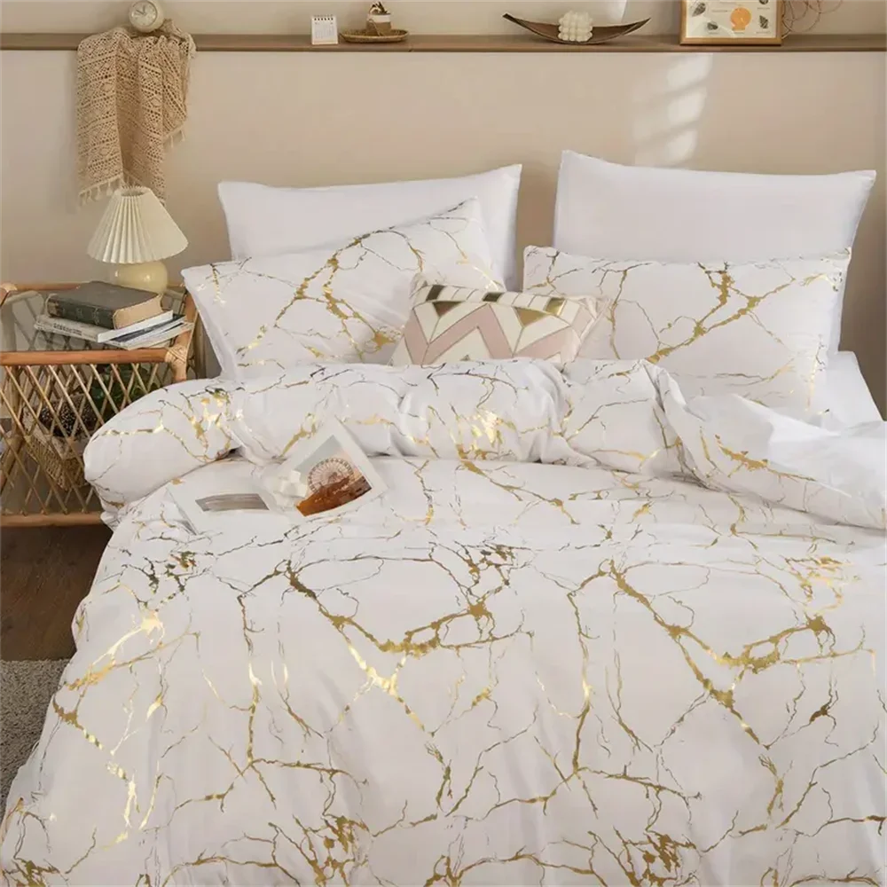 Luxury Gold Marble Texture 3Pcs King Queen Full Size Duvet&Quilt Cover Pillow Case Bedding Linen Set Bedspread200x200 240x220