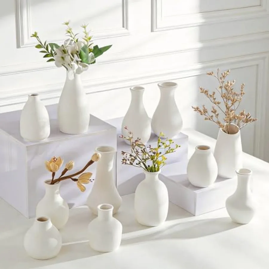 

White Bud Vases Set of 12, Small Ceramic Vase in Bulk, Mini Pottery Vases for Pampas Grass Clay Vase for Wedding Table Centerpi