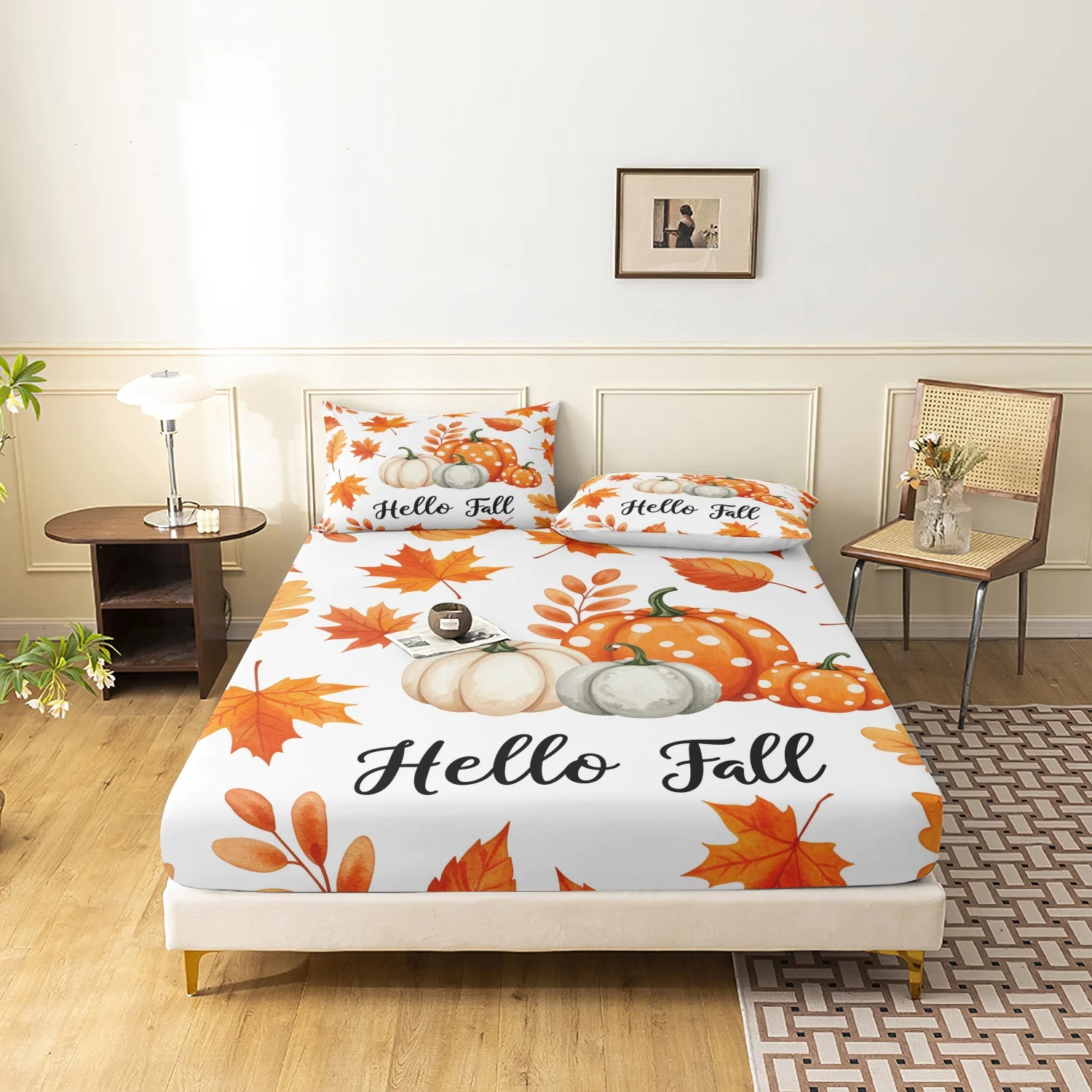 3 Pieces Autumn Pumpkin Maple Leaf Print Fitted Sheet Set, Hello Letter Watercolor Harvest Printed Bedding