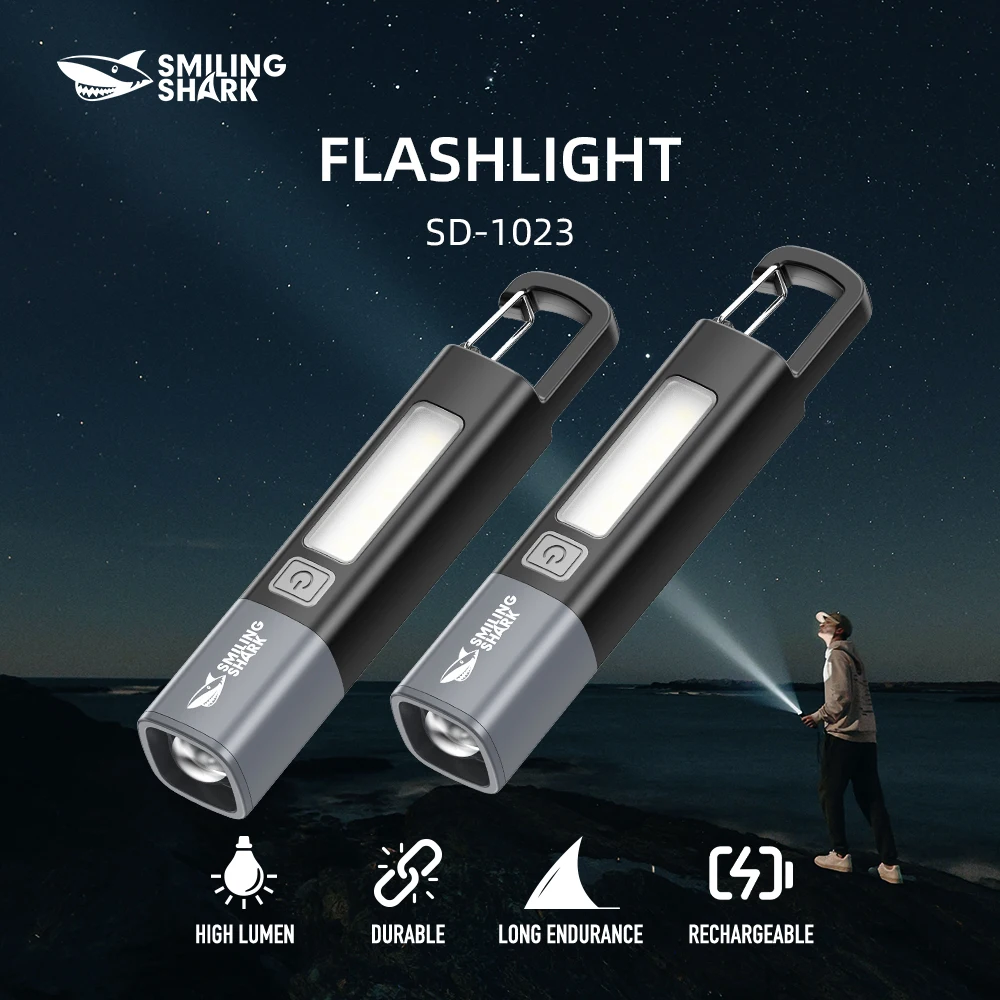 

2 шт. светодиодный фонарик Smiling Shark SD-1023, супер яркий ручной фонарик, долговечная перезаряжаемая вспышка для улицы