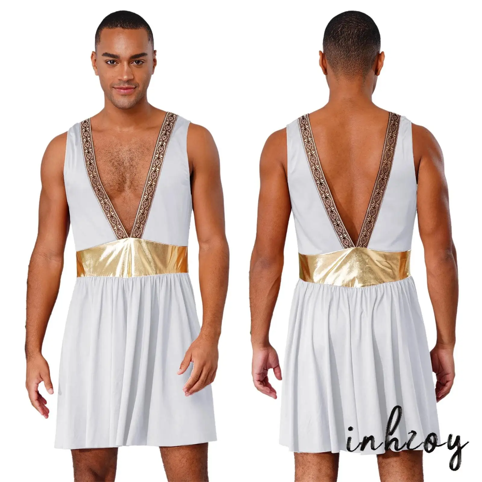 

Mens Greek Spartan Gladiator Cosplay Outfit Metallic Armor Costume V Neck Sleeveless Robe for Halloween Carnival Theme Parties