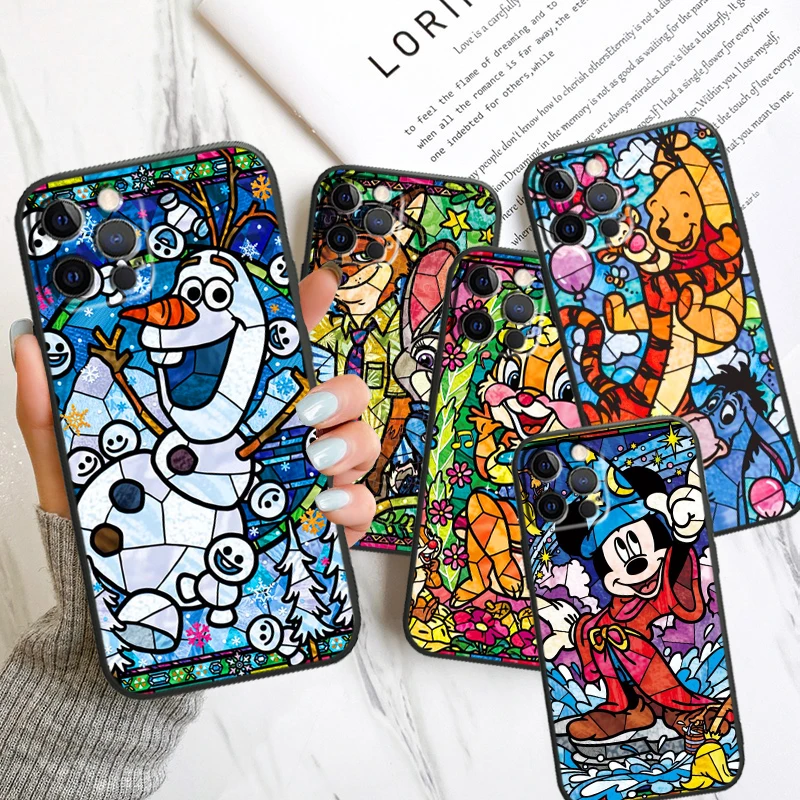 Cute Stitch Mickey Winnie Art Apple iPhone Case For 15 14 13 12 11 Mini XS XR X 6S 6 Pro Max Plus Black Soft Cover