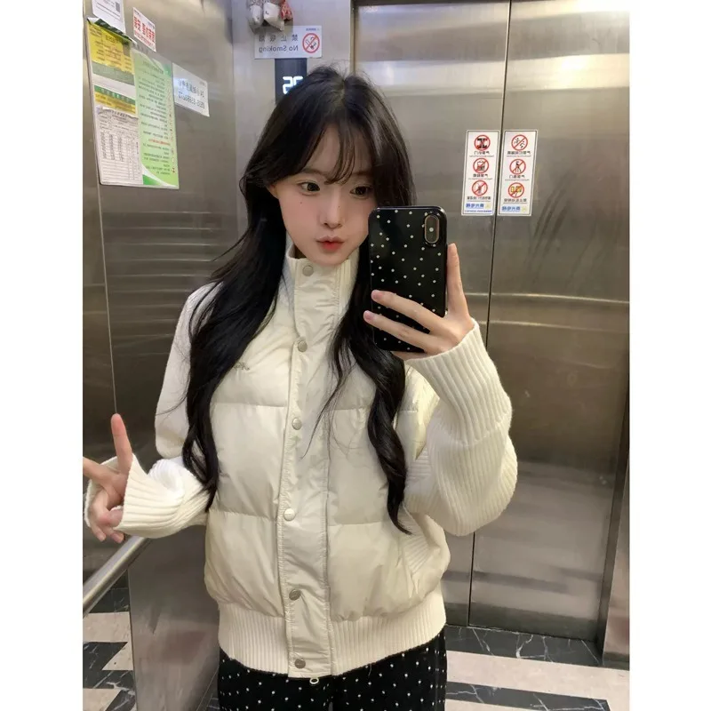 Women Solid Color Quilted Padded Coat Ribbed Knit Sleeve Snap Fasten Short Jacket Stand Collar Layering Everyday Outerwear