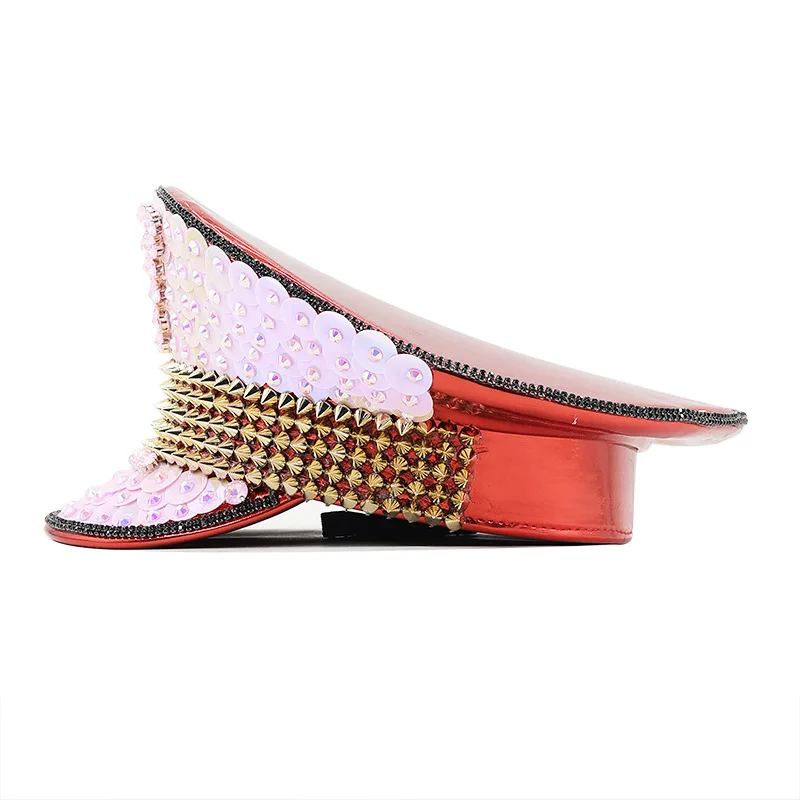 Women's Wedding Hat Pink Sequin Diamond Photography Hat Peaked Hat Party Carnival Flat Hat Performance Hat