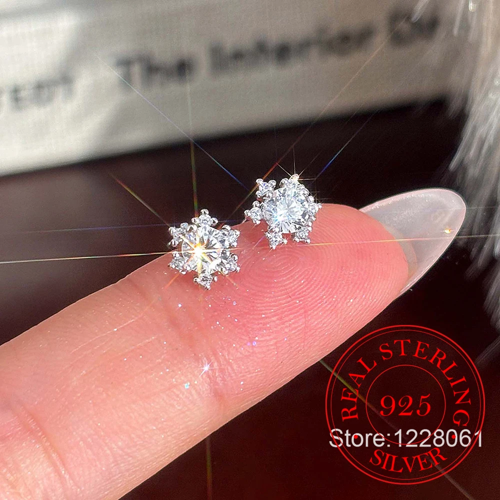 925 Sterling Silver Jewelry Luxury Zircon Crystal Snowflake Stud Earrings for Women Wedding Party Jewelry for Girls Friend Gift
