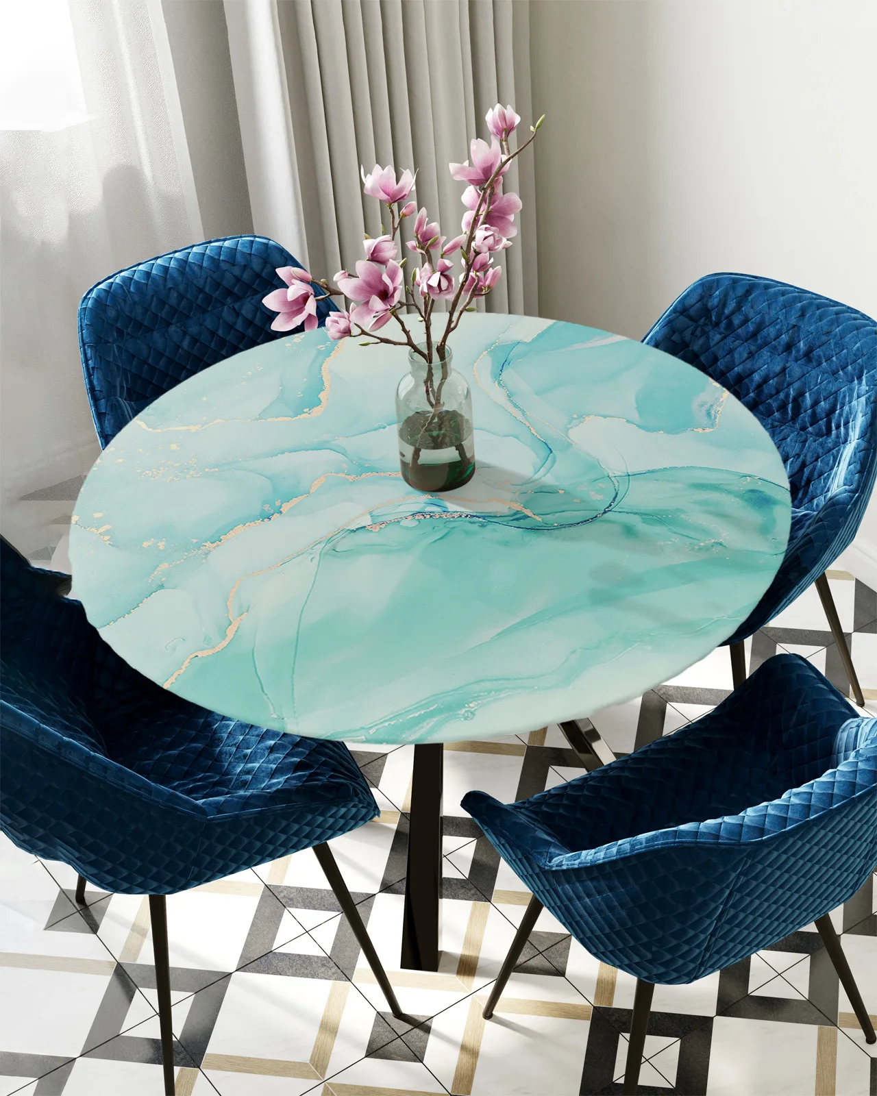 

Marble Texture Gradient Aqua Round Elastic Edged Table Cover Protector Cloth Waterproof Polyester Rectangle Fitted Tablecloth