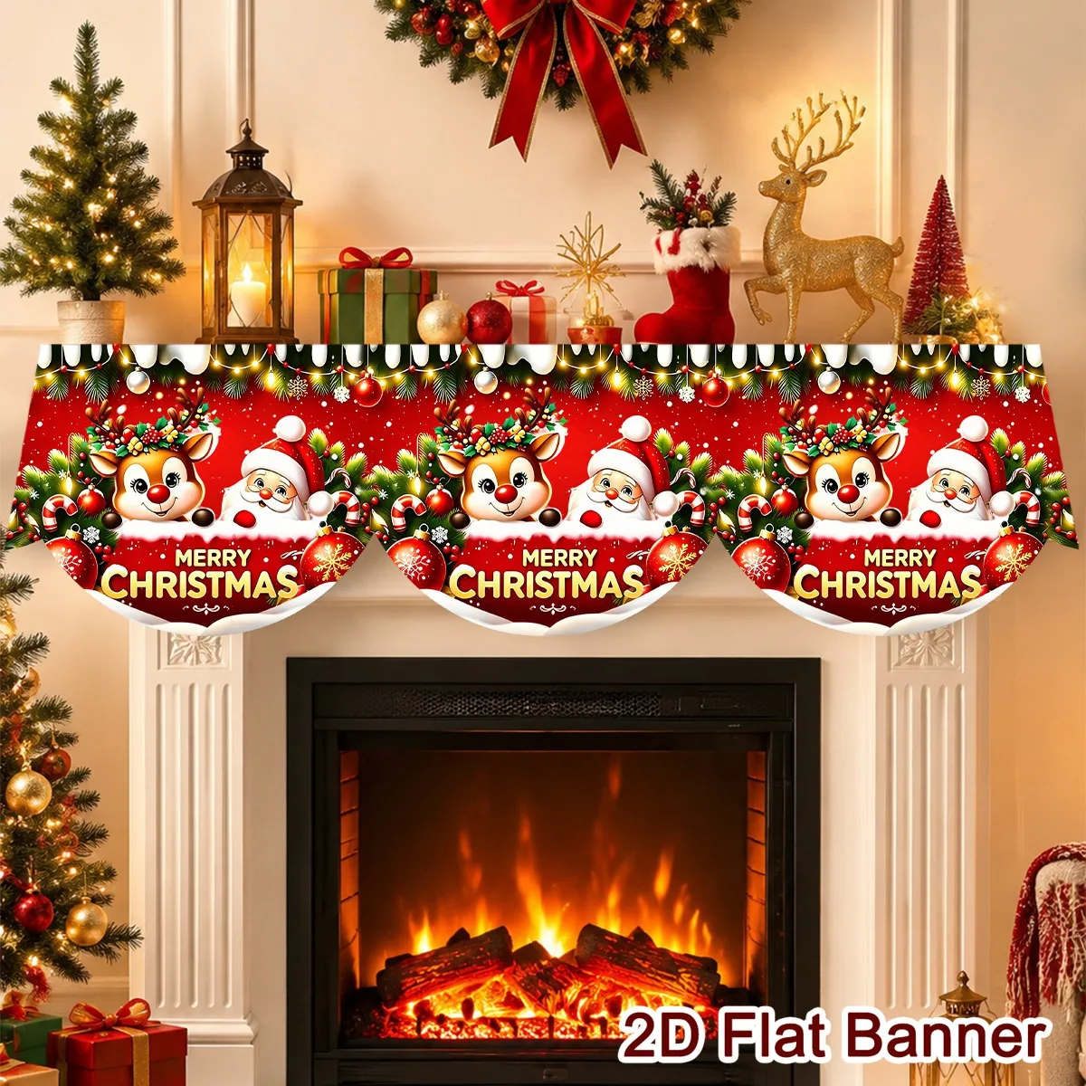 200*50cm Merry Christmas Fireplace Mantle Scarf Cover 2D Flat Santa Claus Snowman Design Mantel Scarf Home Xmas Party Decor