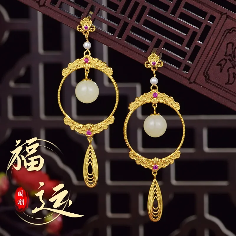 

Chinese Style Antique Craft 925 Silver Gold-plating Inlaid Natural Hotan Jade Lucky Earrings for Women Party Dress Date Gift