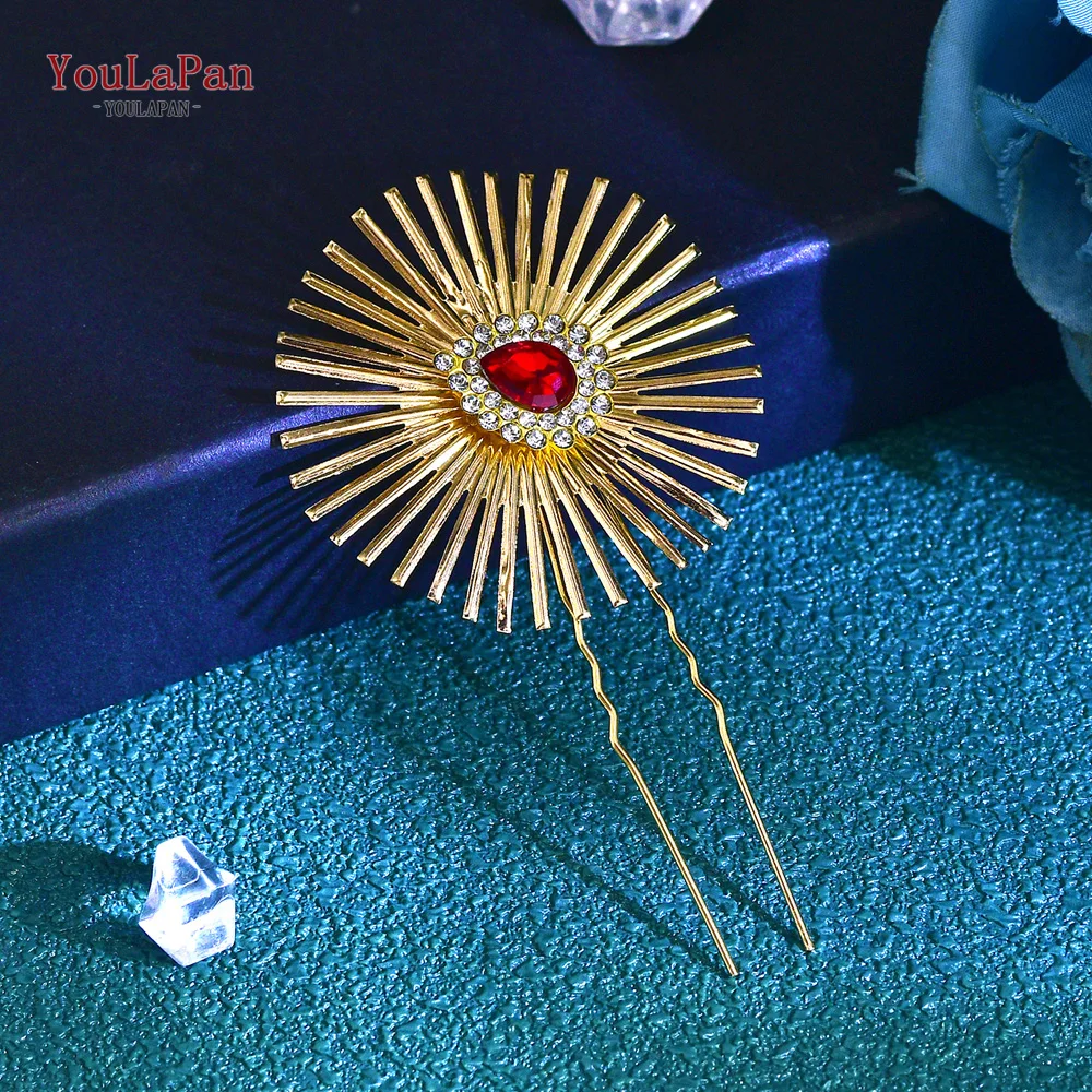 

YouLaPan Fashion Sunflower Bride Hair Forks Europe America Luxury Red Color Big Rhinestone Women U Shape Clips Headwear HP768 ﻿