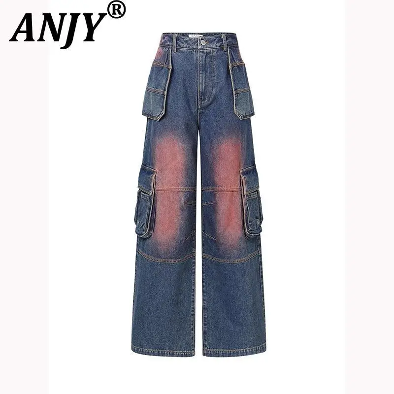 

ANJY, осенне-зимние женские американские румяна для девочек, контрастные цвета, джинсы-карго с несколькими карманами, трендовые свободные утягивающие джинсовые брюки A12389