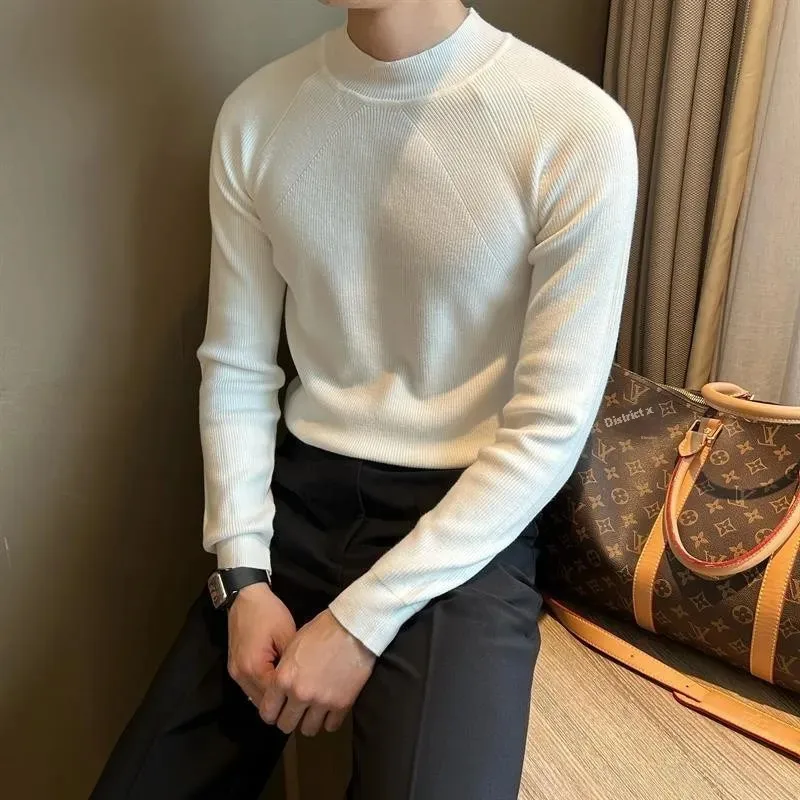 Irregular Fringed Half Polo/turtle Neck Color Sweater Men Autumn/winter Slimming Effect Smooths Silhouette Warm Simple Base