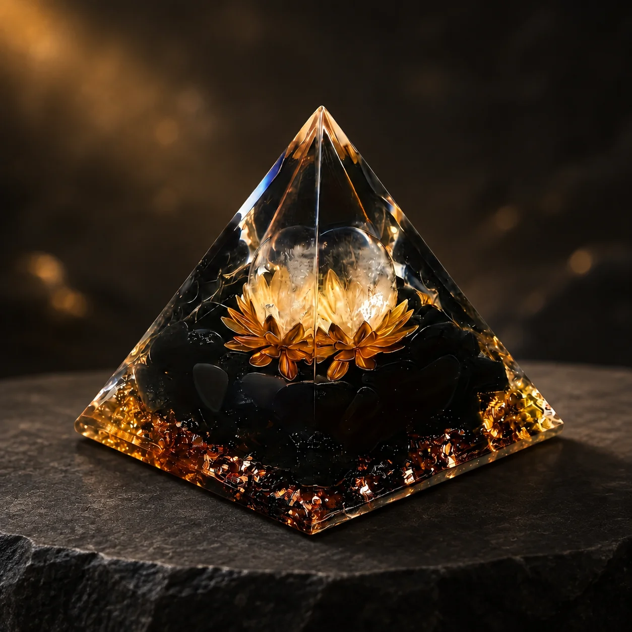 Orgonite Orgone Pyramid Dual Golden Lotus Obsidian Crystal Chips Resin Pyramid Handmade Home Desktop Ornament Meditation Decor