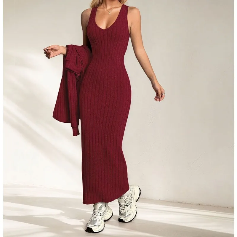2026 Women's Clothing High-end Sense Solid Color Temperament Commuting Light Familiar Wind Knitted Suspender Dress Two-piece Set