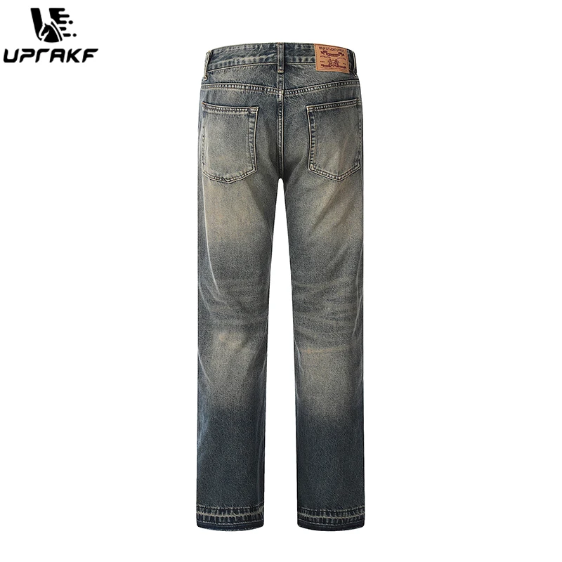 UPRAKF Straight-leg Distressed Ripped Jeans Pocket Loose Streetwear Denim Pants Casual Pantalones Raw Hem Jeans