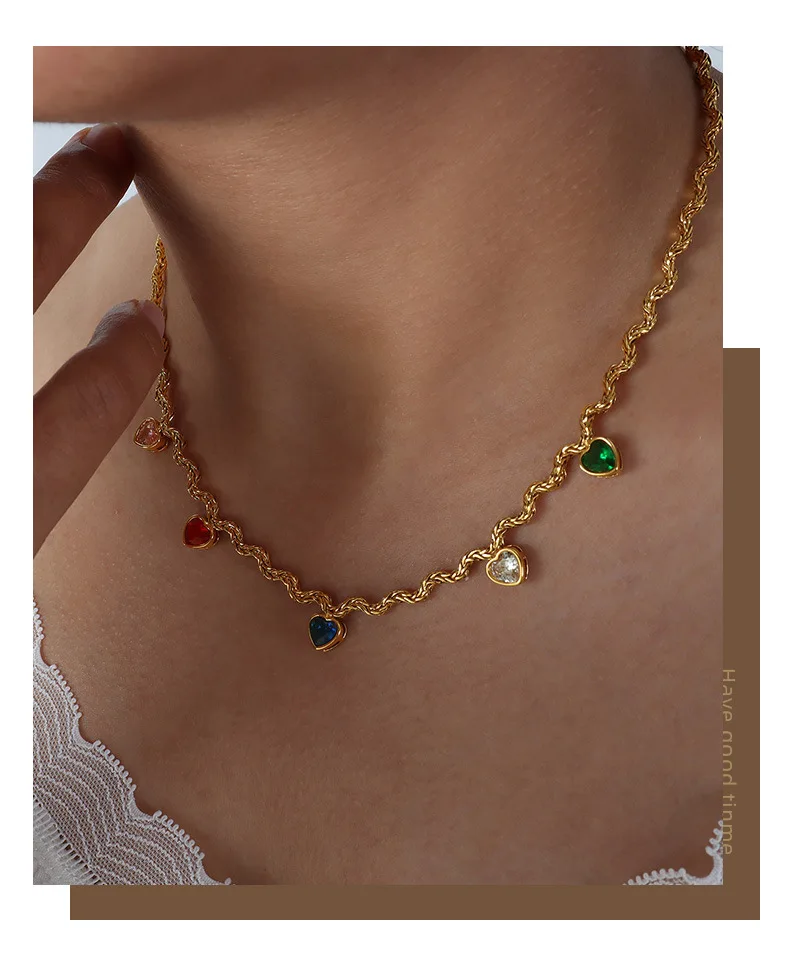 Mode Bunte Zirkonia Herz Anhänger Halskette Frauen 316 Edelstahl Vergoldet Dame Wasserdicht Schmuck Zubehör Geschenk – Detail 4