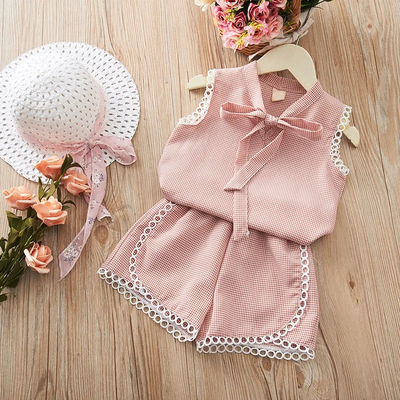 1-9T Summer Girls Clothing Sets Casual Sleeveless T-shirt Shorts + Pants 2Pcs Suit Kids Bowtie Top and Short Pants Clothes Suits