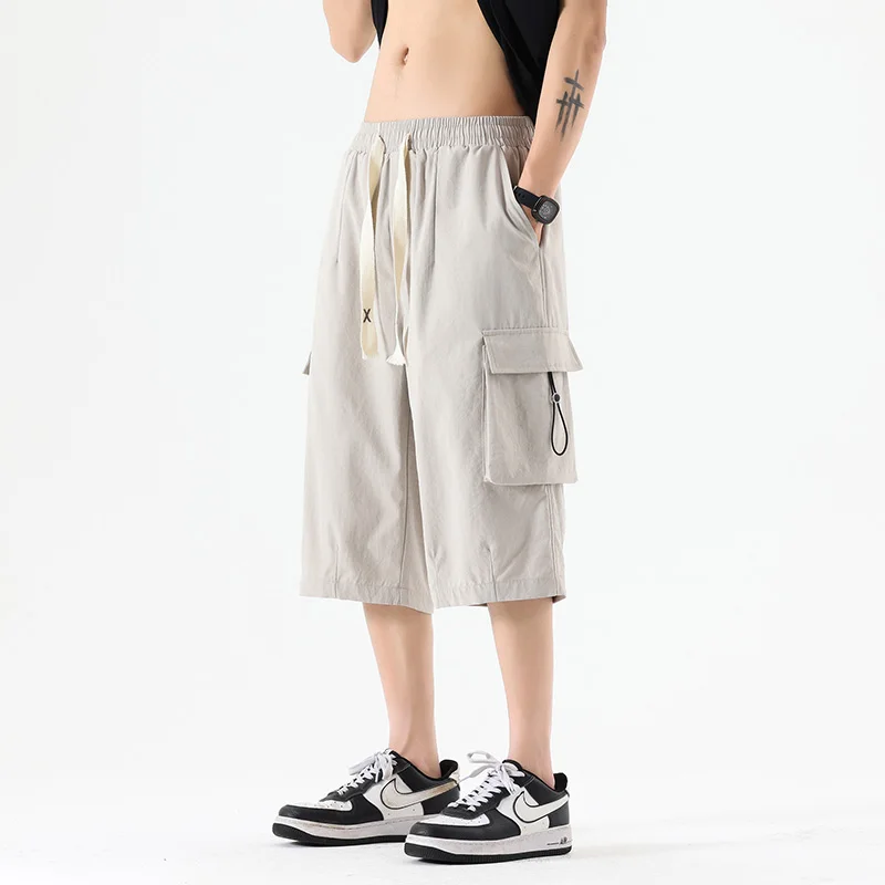 Summer Men's Cropped Pants Quick Drying Outdoor Travel Hiking Short Cargo Trousers Oversized Straight Pocket Calf-Length Pants