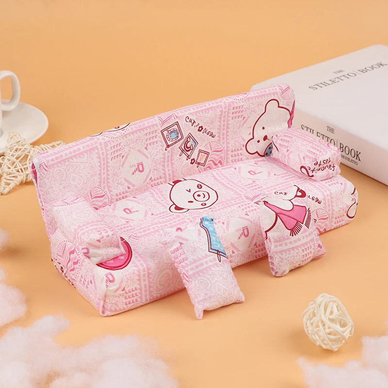 3 pçs/set casa de bonecas pequeno bonito floral tecido sofá conjunto móveis com 2 travesseiros acessórios para casa boneca decoração brinquedos