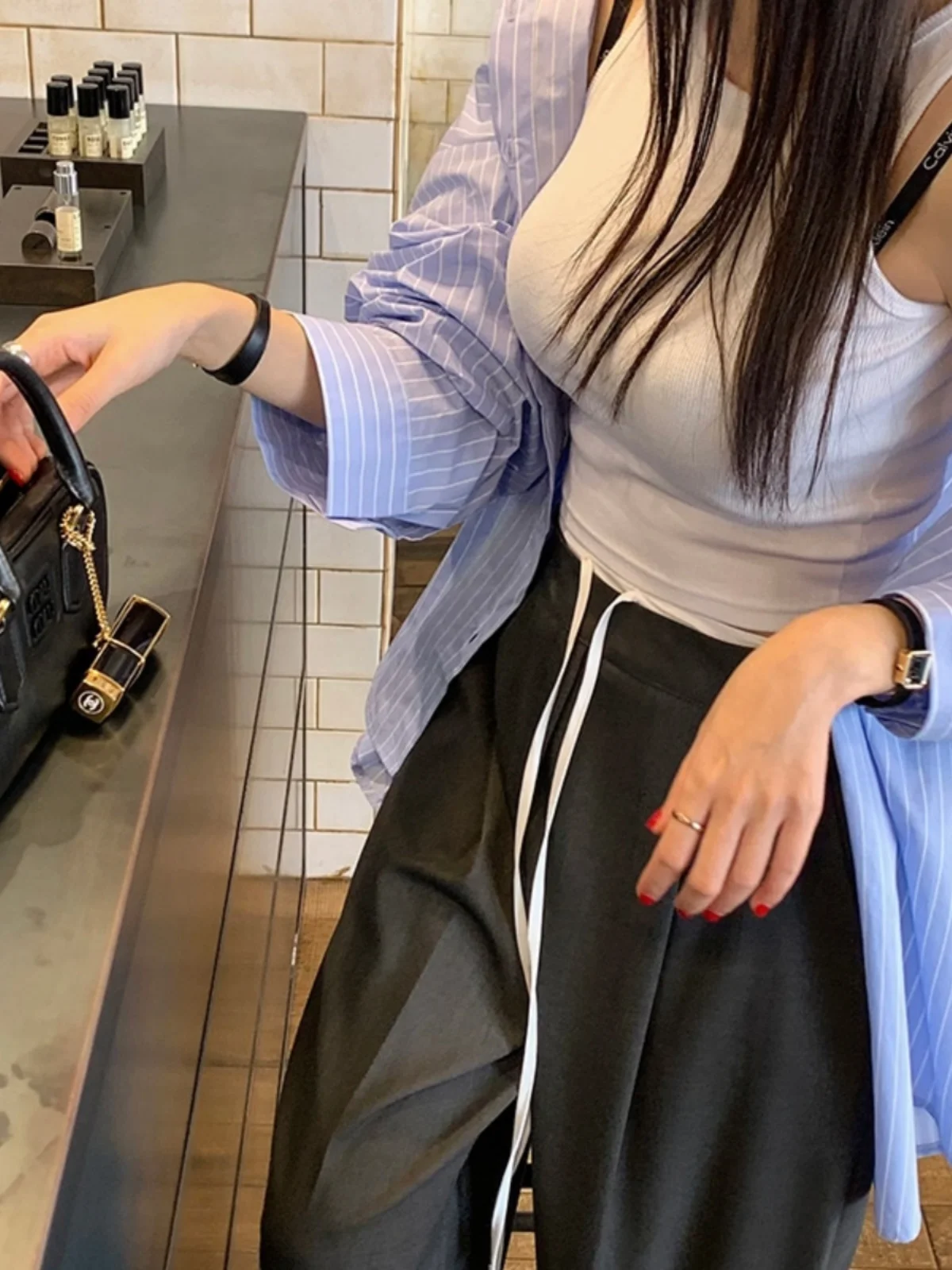 Damen Loose Fit Gestreifter Irt mit Gürtel, hinterer Schlitz, Vintage-Kragen, lang, Sve, Bürokleidung, lässiges Sle-Polyester-Material