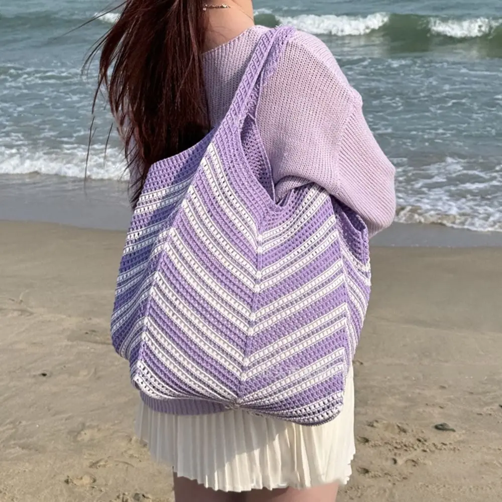 

Повседневная сумка на плечо, ажурная вязаная сумка, богемная большая вместительная пляжная сумка Starw, сумка для хранения в полоску, вязаная крючком большая сумка для улицы