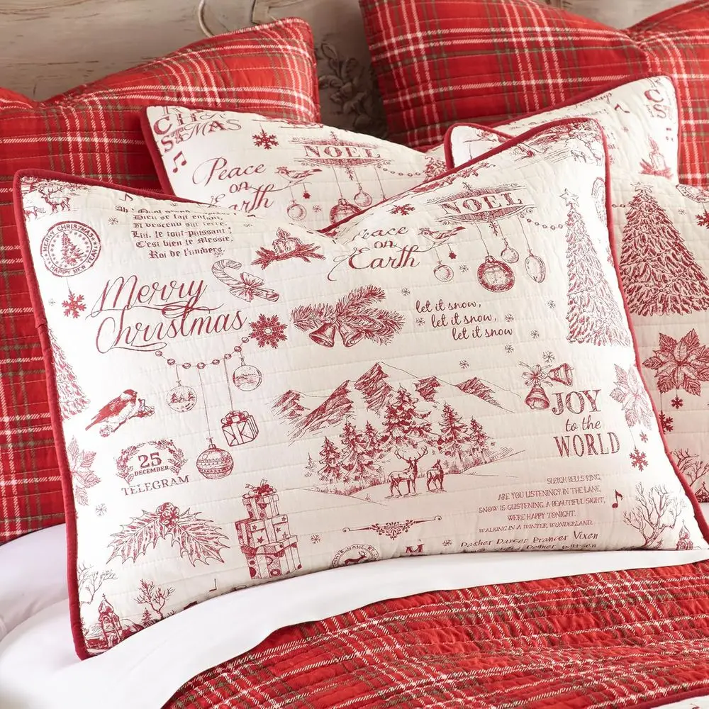 Set Selimut Katun Motif Natal Merah & Krem - Ukuran Full/Queen 88x92 inci + 2 Sarung Bantal 26x20 inci - Dapat Dibalik