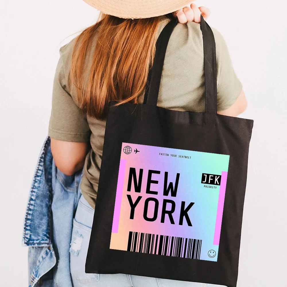 Paris New York Tokyo London Miami Boarding Pass Cute Women Canvas Shoulder Handbag Tote Eco Reusable Cotton Cartoon Shopping Bag