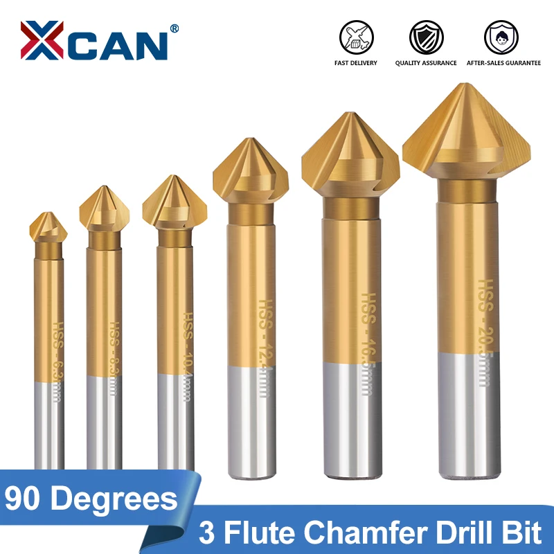 XCAN Charmfer Cutter 6pcs 90 degree 3 Flute Chamfer Drill Bit HSS Chamfering End Mill Countersink Drill Bit Deburring Tools