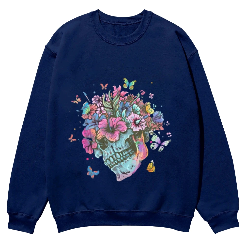 Colorful Skull Print Pattern Ladies Hoodless Sweatshirt High Quality Cotton Long Sleeve Pullover 2024 Casual Street Design