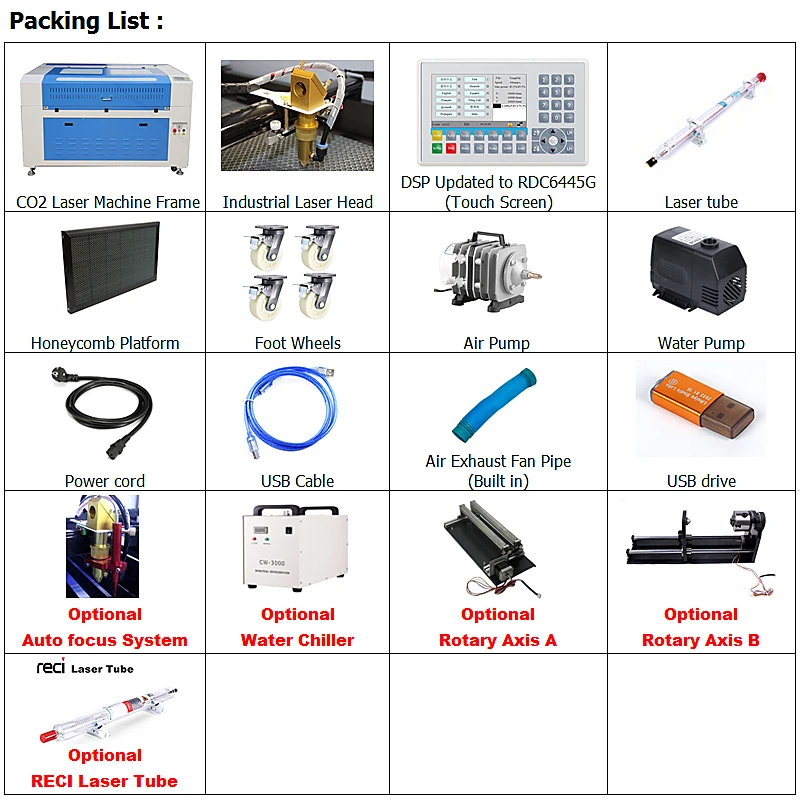 6040 Laser Engraving Cutting Machine 100W With CW3000 Chiller Co2 Auto Focus Linear Guide Cutter 80W DSP Touch Screen Optional