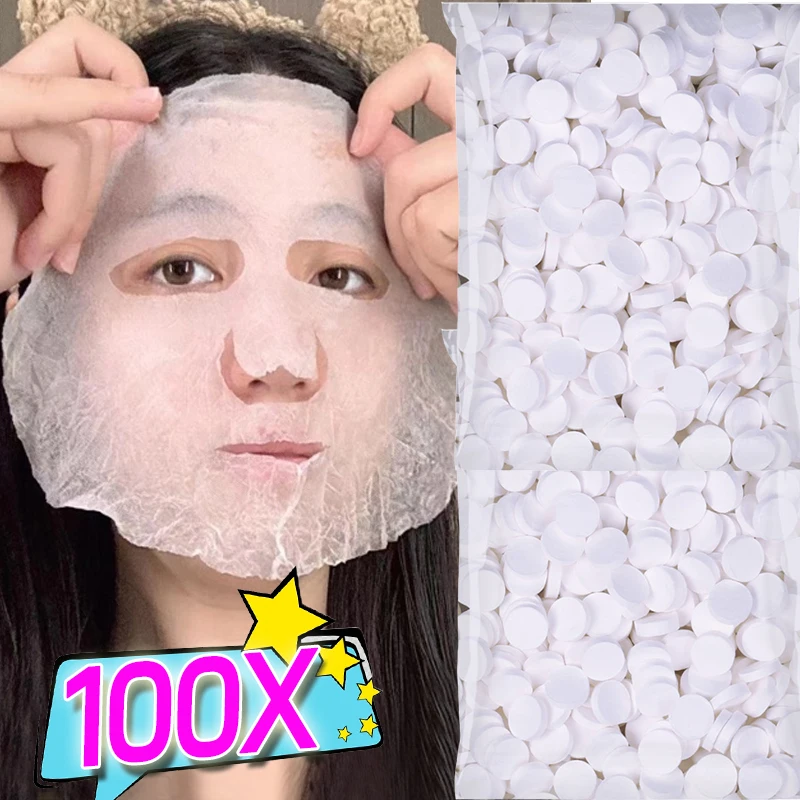 100pcs Disposable Compressed Facial Mask Portable Travel Non-woven Moisturizing Face Mask Skin Care Cotton Wrapped Masks Paper