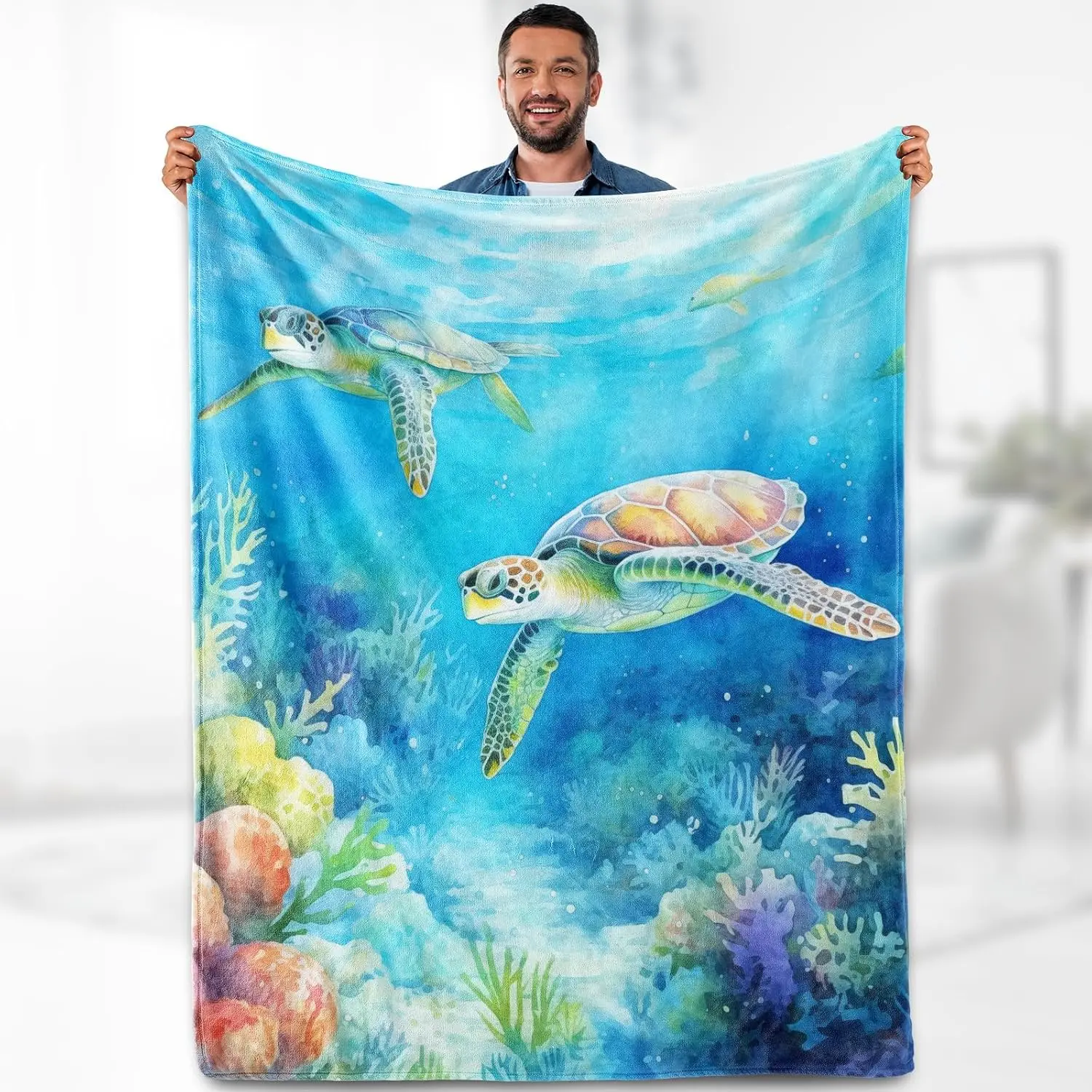 Bright Watercolor Sea Turtle Coral Seabed Ocean Flannel Throw Blanket Soft Cover for Couch Indoor Tropical Marine Aesthetic Room