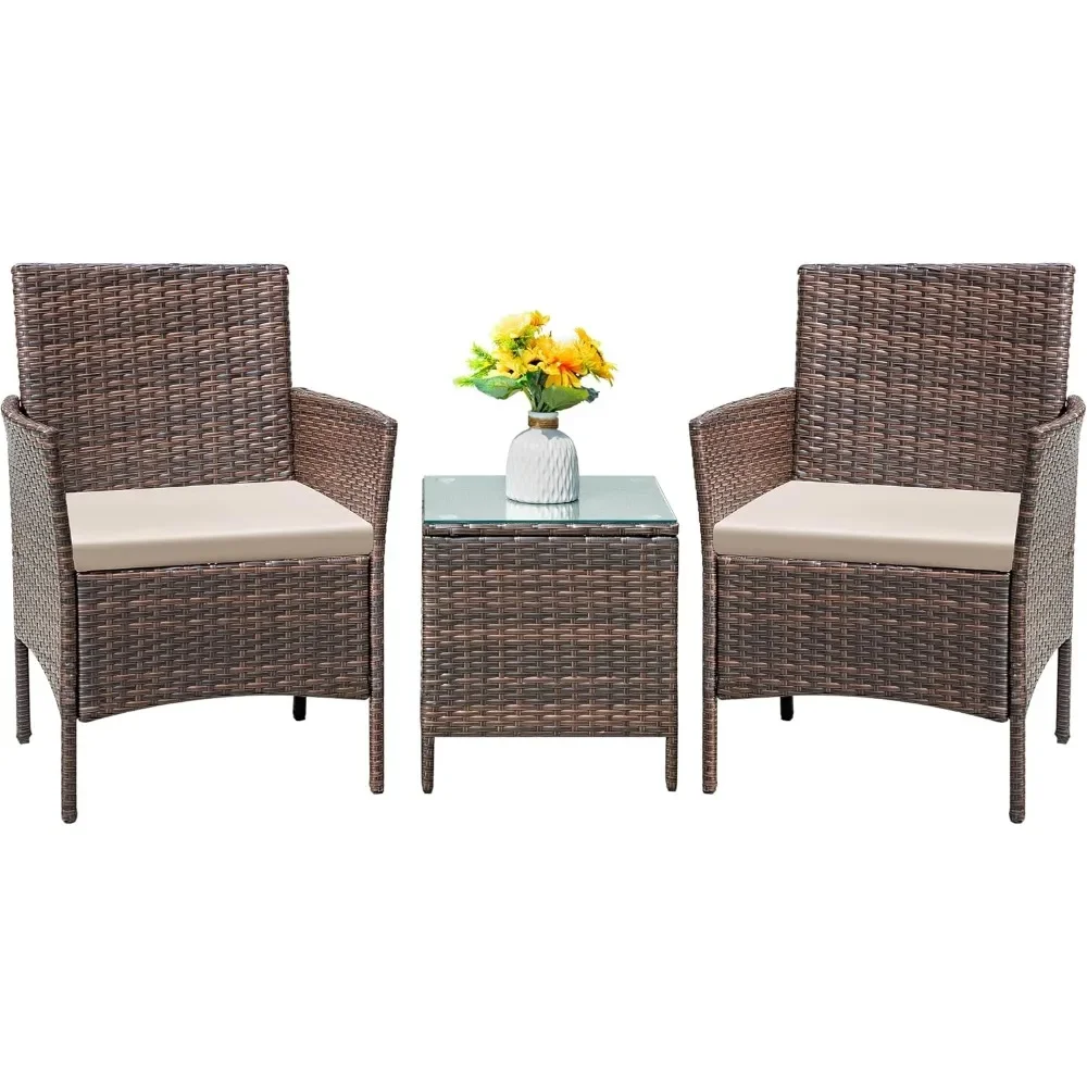 

Patio Furniture Set 3 Pieces All-Weather Rattan Outdoor Furniture Patio Chairs with Tempered Glass Table