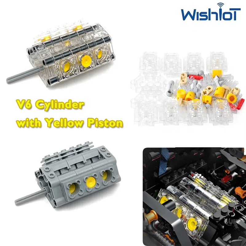 MOC V6 Cylinder Model Building Blocks with Yellow Piston Modified  Vehicle Parts Assembly Puzzle Toys Small Bricks Boys Gifts
