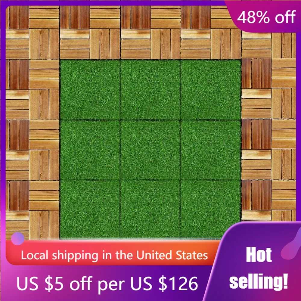 

48 Pcs 12 x 12'' Outdoor Hardwood Interlocking Deck Tile and Artificial Grass Tile Waterproof Wood Flooring Tile for Garden