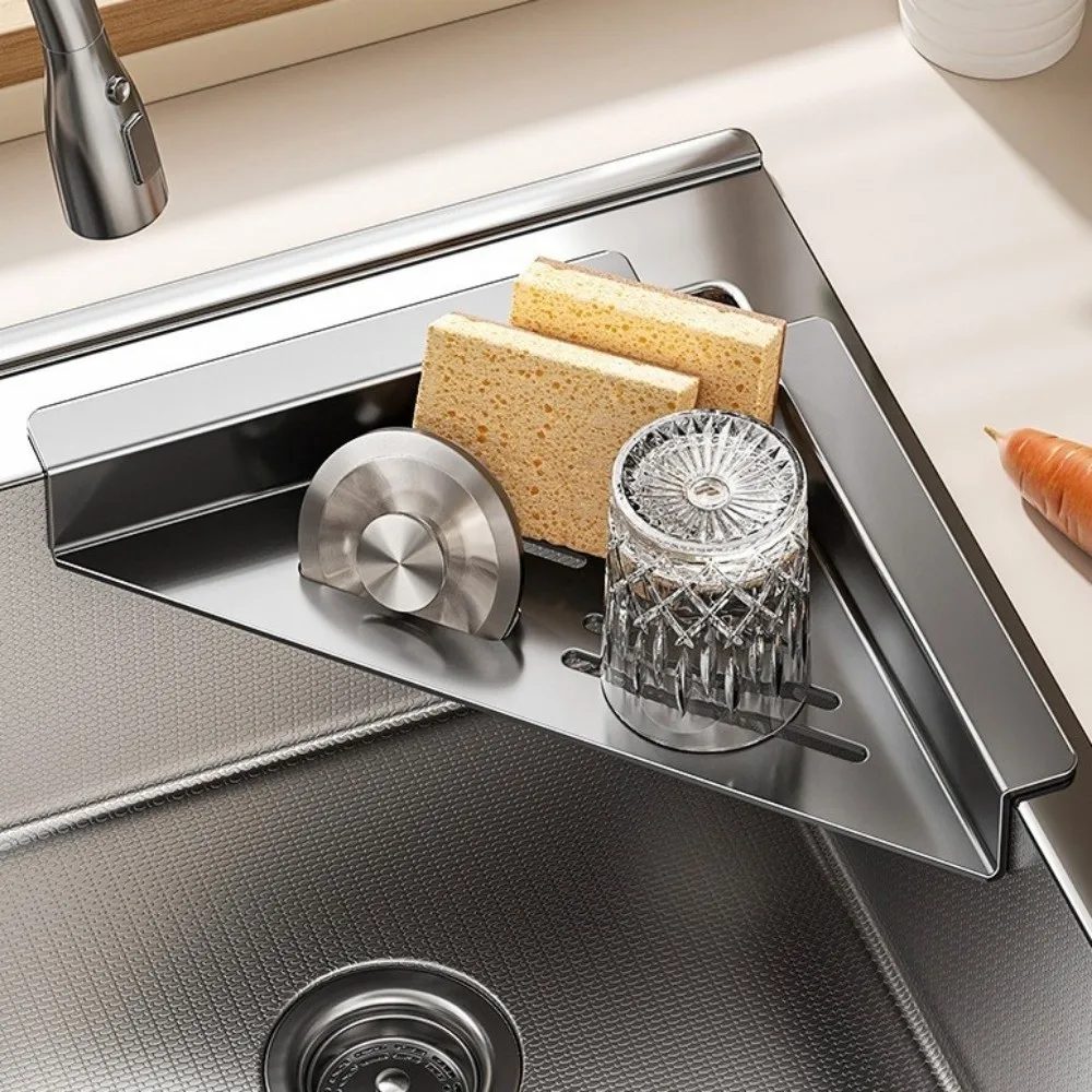 Carbon Steel Sink Corner Rack Triangular Non-Slip Sink Sponge Holder Space Saving Hollowed Dishcloth Sponge Stand