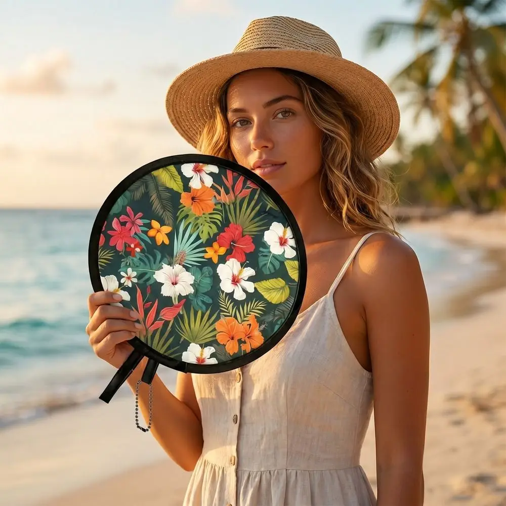 Hand Fan Japanese Style Folding Fan Round With Pocket Handheld Fan Flower Pattern Collapsible Fan Outdoor Activities