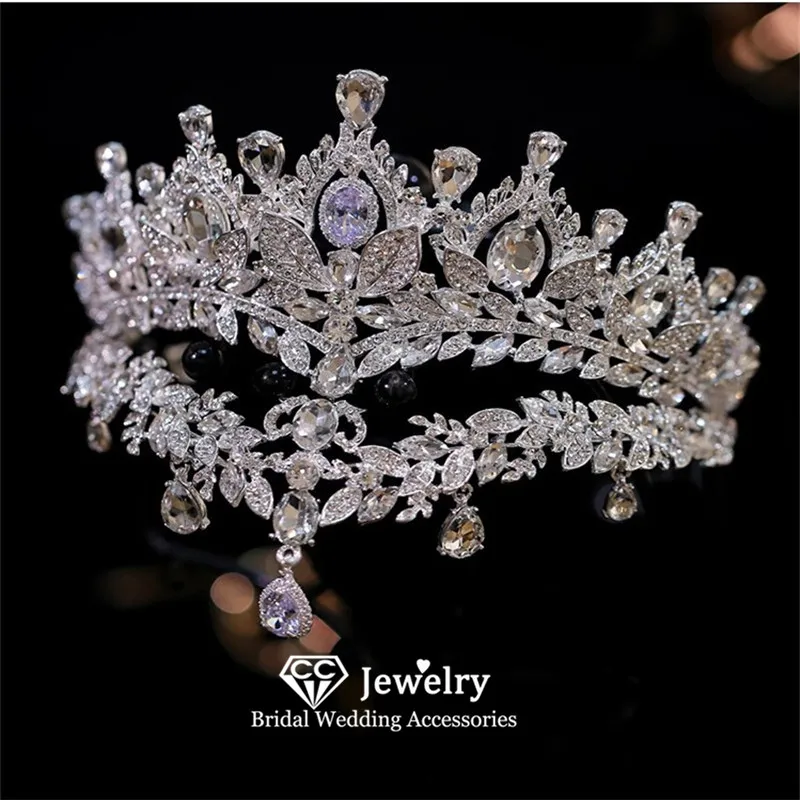 

CC Queen Crown Women Accessories Bridal Headbands Engagement Headpiece Wedding Jewelry Leaf Shape Crowns Crystal Pendants AN452