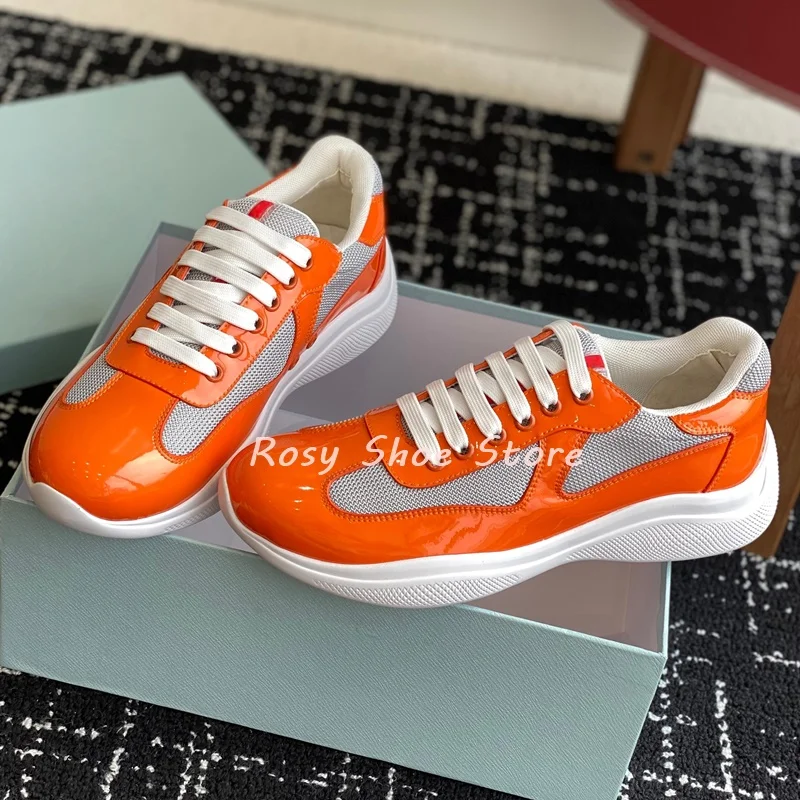 

Autumn New Breathable Mesh Patent Leather Stitching Couples' Casual Tennis Shoes Round Toe Lace Up Soft Sole Versatile Sneakers