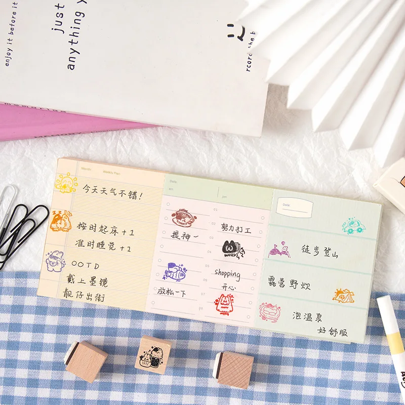 9 قطعة سلسلة تسجيل الوقت الحيوان القط اليومية ختم خشبي اليدوية DIY بها بنفسك ألبوم الإبداعية المشهد المحاسبة الختم