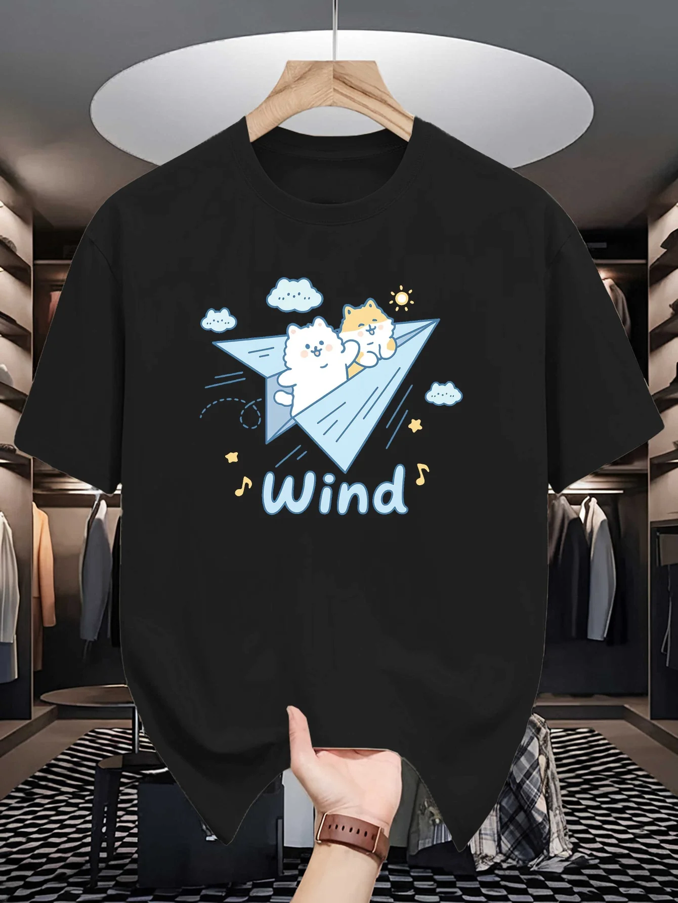 Mens Crew Neck T Shirt Cute Puppies On Paper Plane Wind Cartoon Graphic Short Sleeve Casual Cotton Animal Lover Streetwear Tees