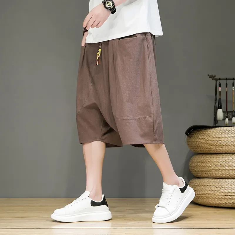 Chinese Style Men's Cotton Linen Harem Shorts Summer Loose Plus Size Drop Crotch Casual Pants