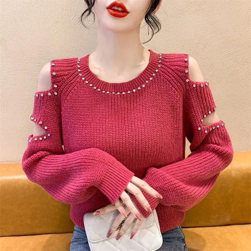 Off Shoulder Top Autumn and Winter Women's Sweater Sexy Women's Clothing New Knitwear Outfit Rose Red Sweater Oversized Sweater