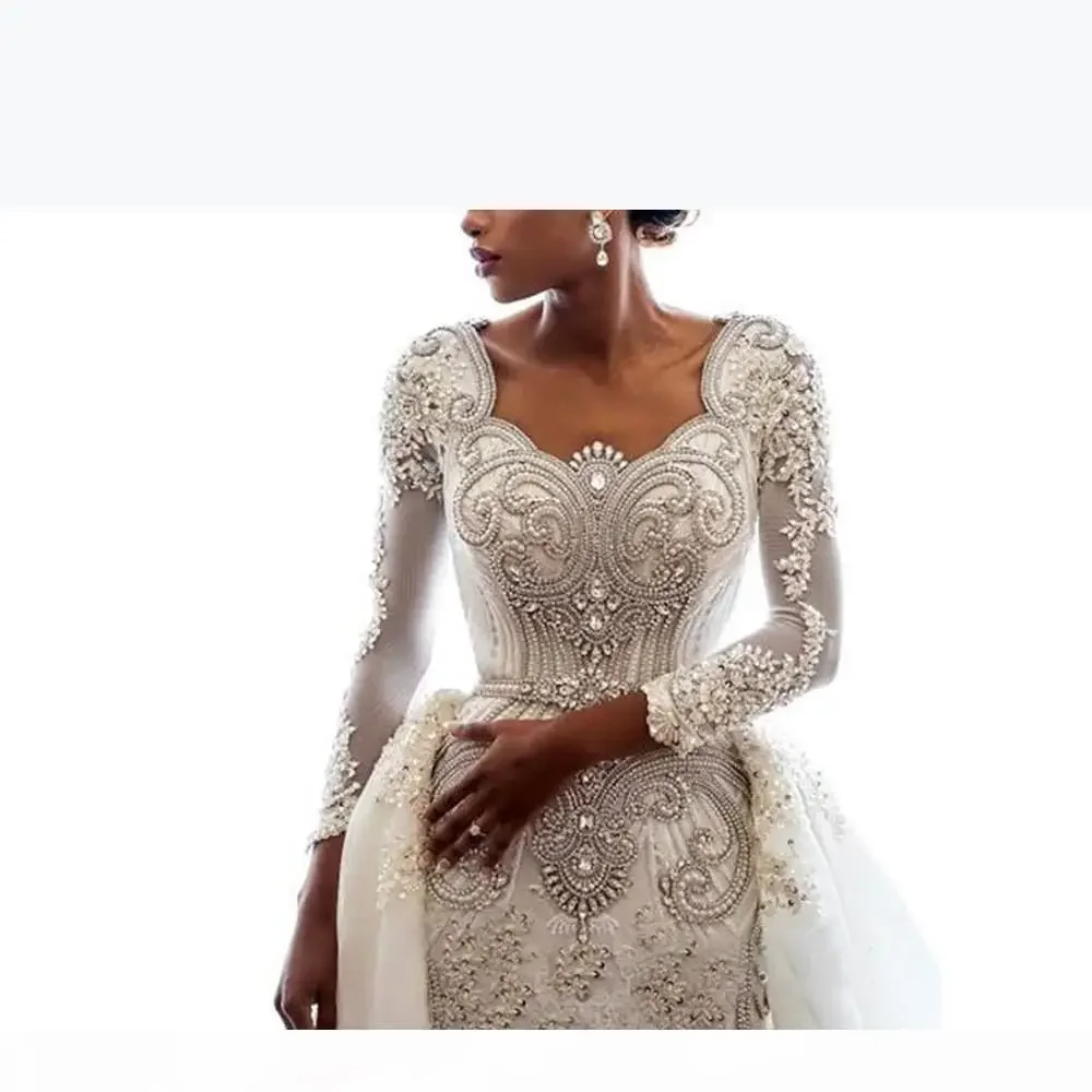 Customized African Long Sleeves Mermaid Dresses Scoop Lace Applique Beaded Crystals Over Skirts Court Train Wedding Bridal