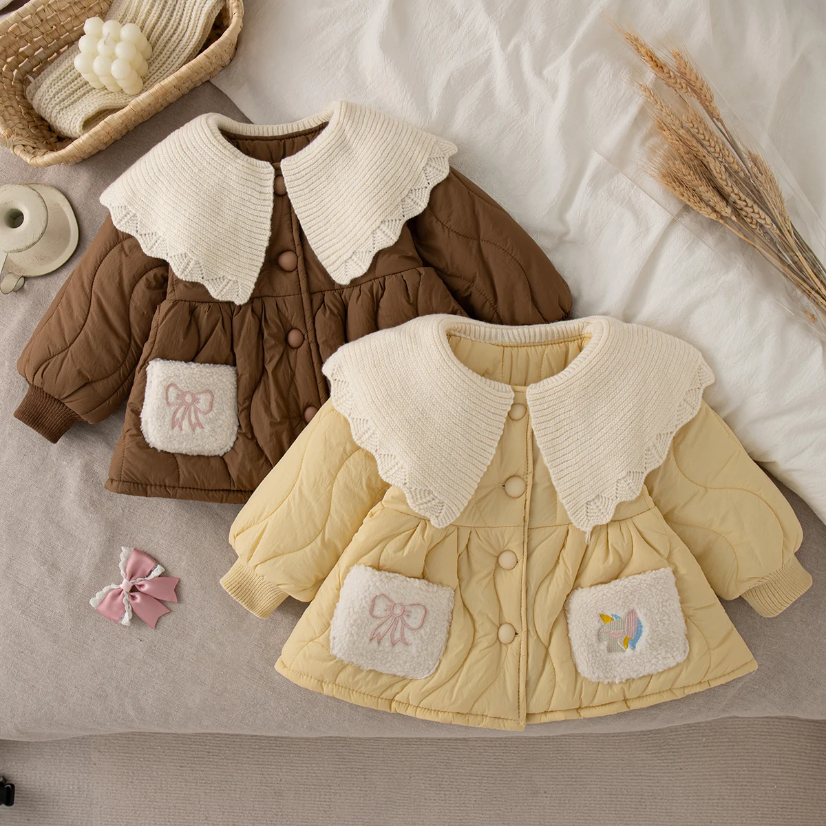 

Winter Warm Outfit for Girl Play Wear Knit Collar Cartoon Details Yellow Long Sleeved Cotton Coat Toddler Girl Thicken Coat