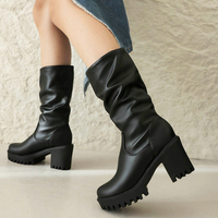 Black Pleated Socks Botines Square Chunky High Heels Round Toe Platform Shoes for Women Winter Fall Ankle Stretch Boots