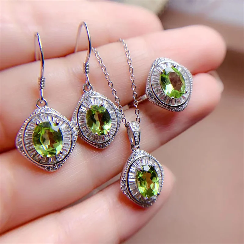 

Natural Peridot Ring Earrings Pendant Set Court Style Design Female Ring Earrings