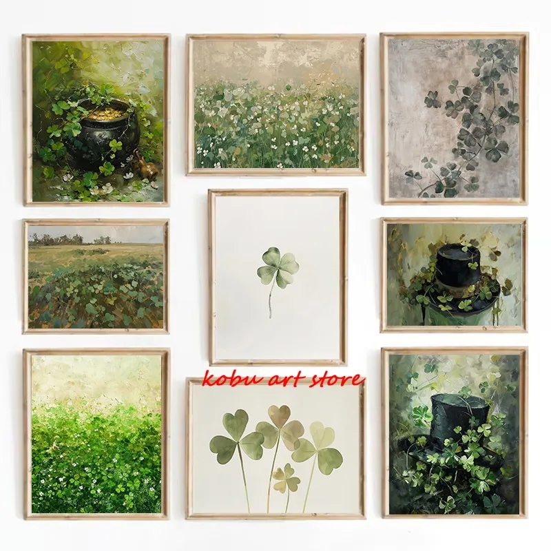 Vierblättriges Kleeblatt Grünes Wildblumenfeld Kleeblatt-Poster Leinwanddruck St. Patrick's Day Wandkunst Bild Heim-Raumdekoration