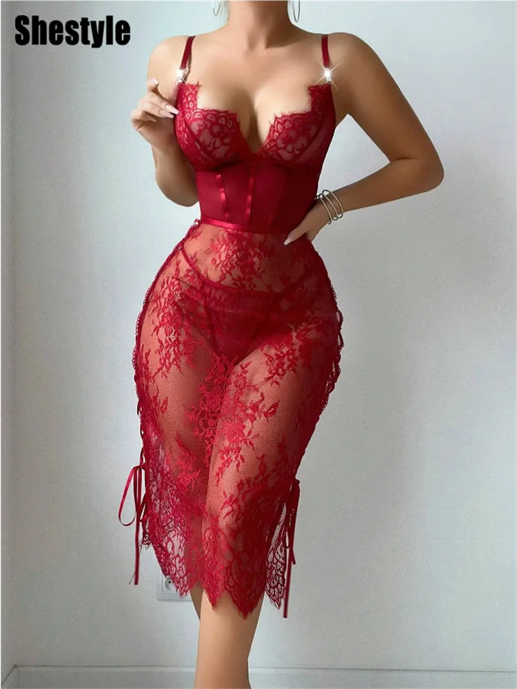 

Shestyle Lace See-Through Lingerie Hollow Out Backless V Neck Chest Wrapping Wave Cut Bandage Women Dress Red Spaghetti Strap